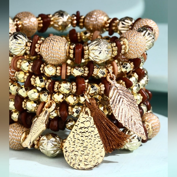 Glamorous Gold & Earth Tone Layered Beaded Bracelet Set w Golden Charms & Tassel - Picture 2 of 3